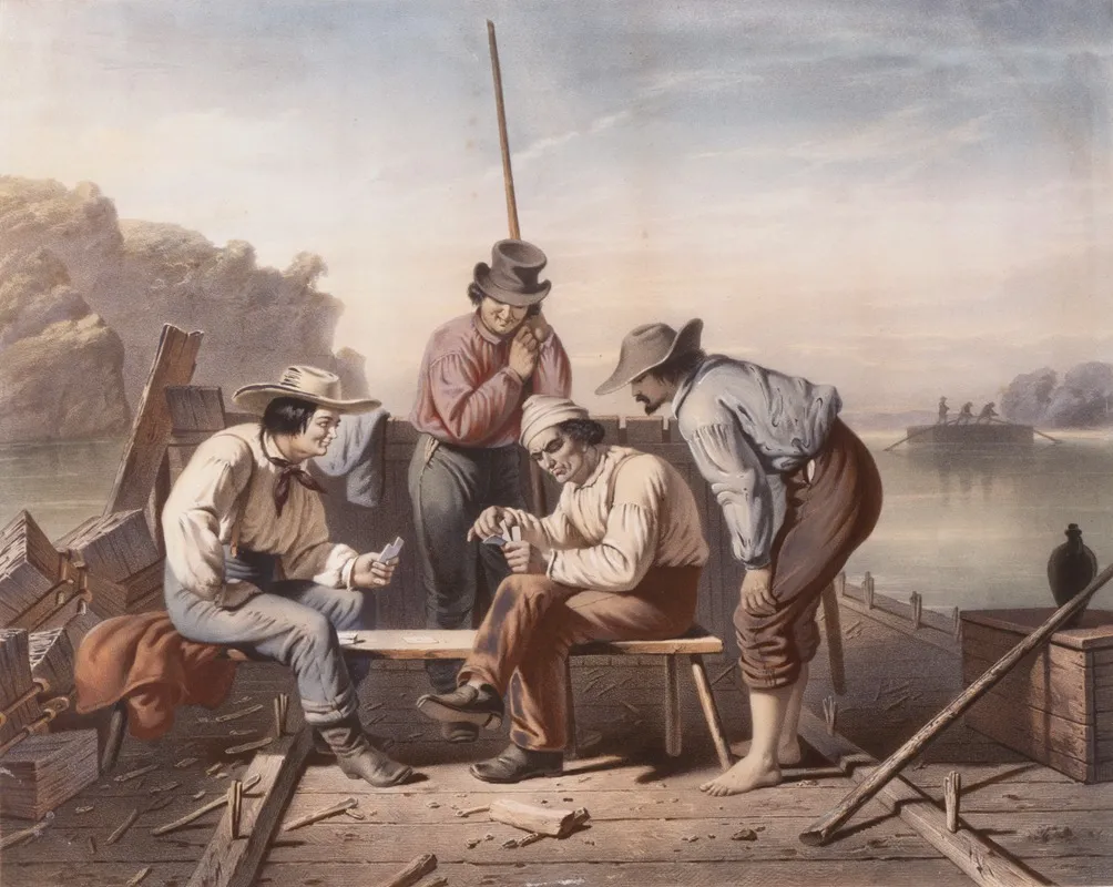 In A Quandry Mississippi Raftmen Playing Cards Wall Art by Claude Regnier - High-Resolution Digital Print