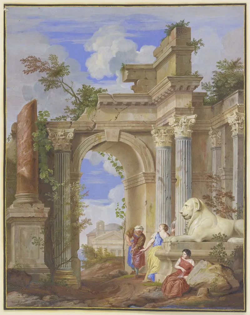 In Den Ruinen Romischer Architektur Die Drei Parzen Rechts Ein Lowe Aus Marmor