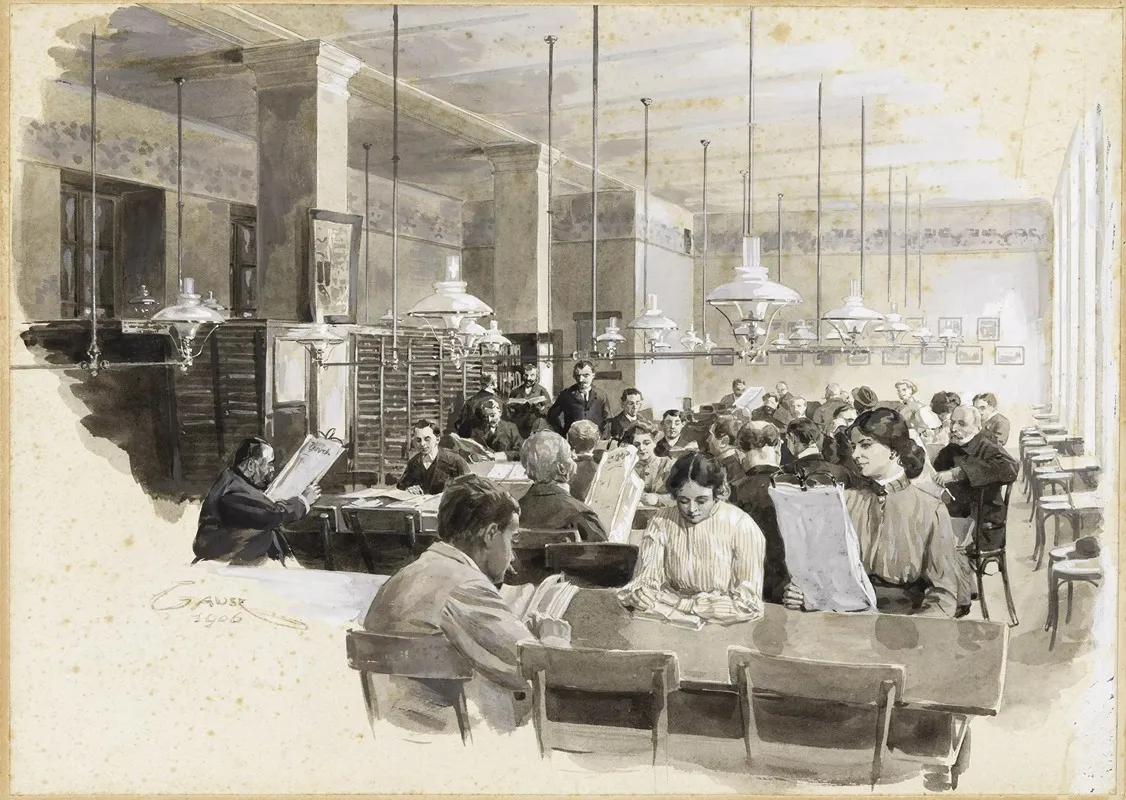 In Einem Lesesaal Leserinnen Und Leser Im Volksheim Ottakring Wall Art by Wilhelm Gause - High-Resolution Digital Print