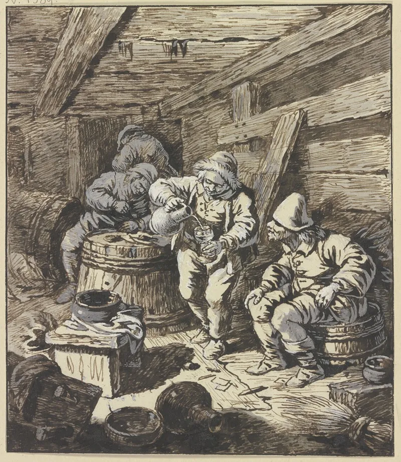 In Einem Niedrigen Holzverkleideten Raum Mit Fassern Sitzt Rechts Ein Bauer Nach Seinem Kumpan Schauend Der Wein Einschenkt Wall Art by Johann Albrecht Dietzsch - High-Resolution Digital Print