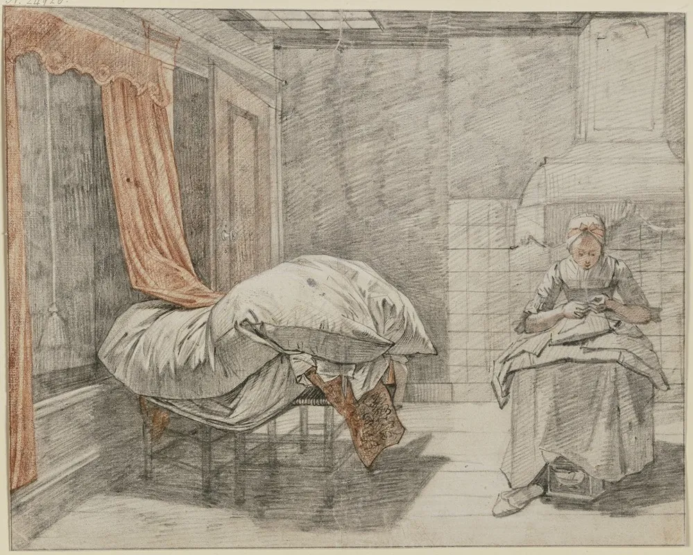 In Einem Zimmer Rechts Eine Naherin Links Ein Zum Durchluften Aufgelegtes Bett Wall Art by Jan Gerard Waldorp - High-Resolution Digital Print