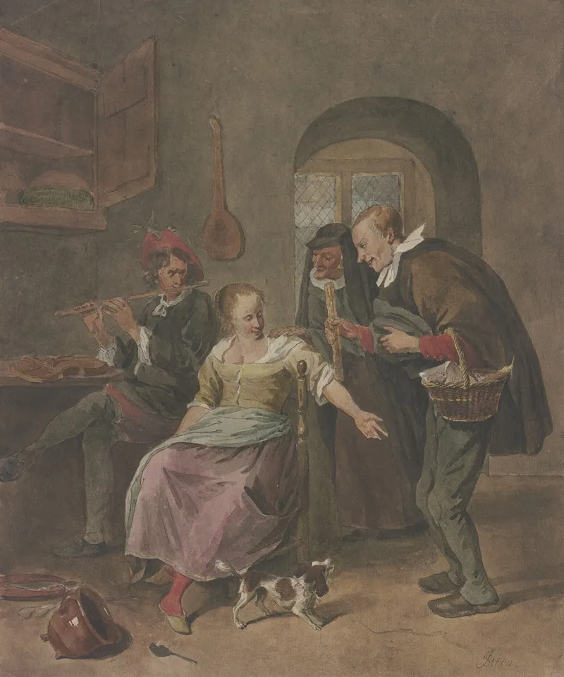 In Einem Zimmer Spielt Ein Mann Die Flote Dabei Sitzt Eine Frau Die Mit Einem Mann Spricht Der Ein Korbchen Tragt Hinter Beiden Eine Alte Frau