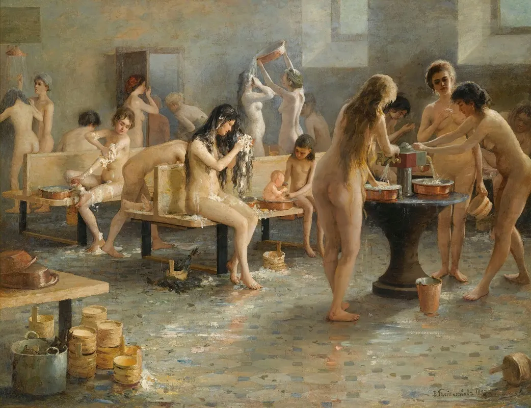 In The Bath House Wall Art by Vladimir Alexandrovich Plotnikov - High-Resolution Digital Print