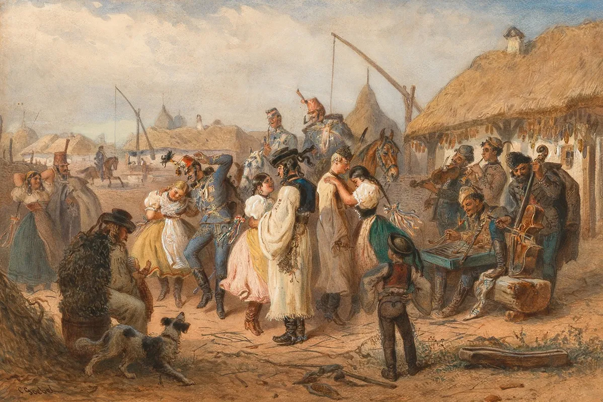 In The Hungarian Pustza Soldiers And Girls Dancing Wall Art by Carl Goebel - High-Resolution Digital Print