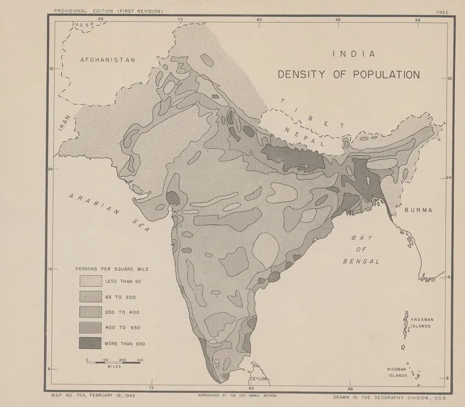 India Density Of Population Wall Art by Office of Strategic Services - High-Resolution Digital Print