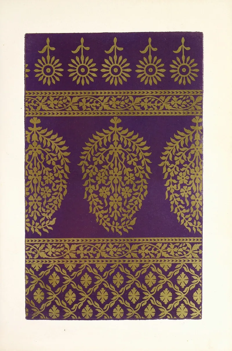 Indian Scarf In Purple Muslin With Pattern In Gold Printing by John Charles Robinson - High-Resolution Digital Print