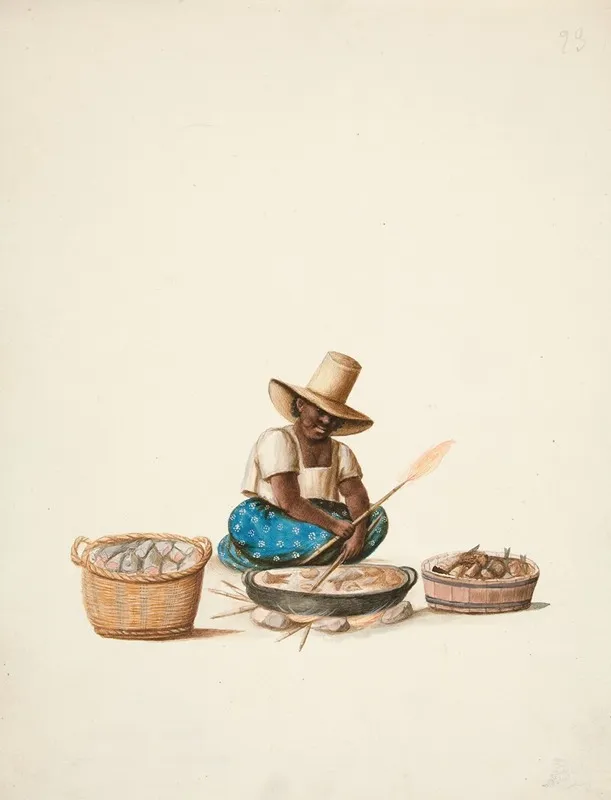 Indian Woman Cooking Fish Wall Art by Francisco Fierro - High-Resolution Digital Print
