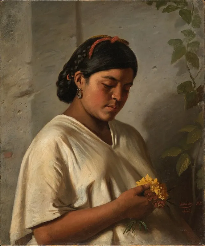 Indian Woman With Marigold Mujer Indigena Con Cempasuchil Wall Art by Felipe Santiago Gutiérrez - High-Resolution Digital Print