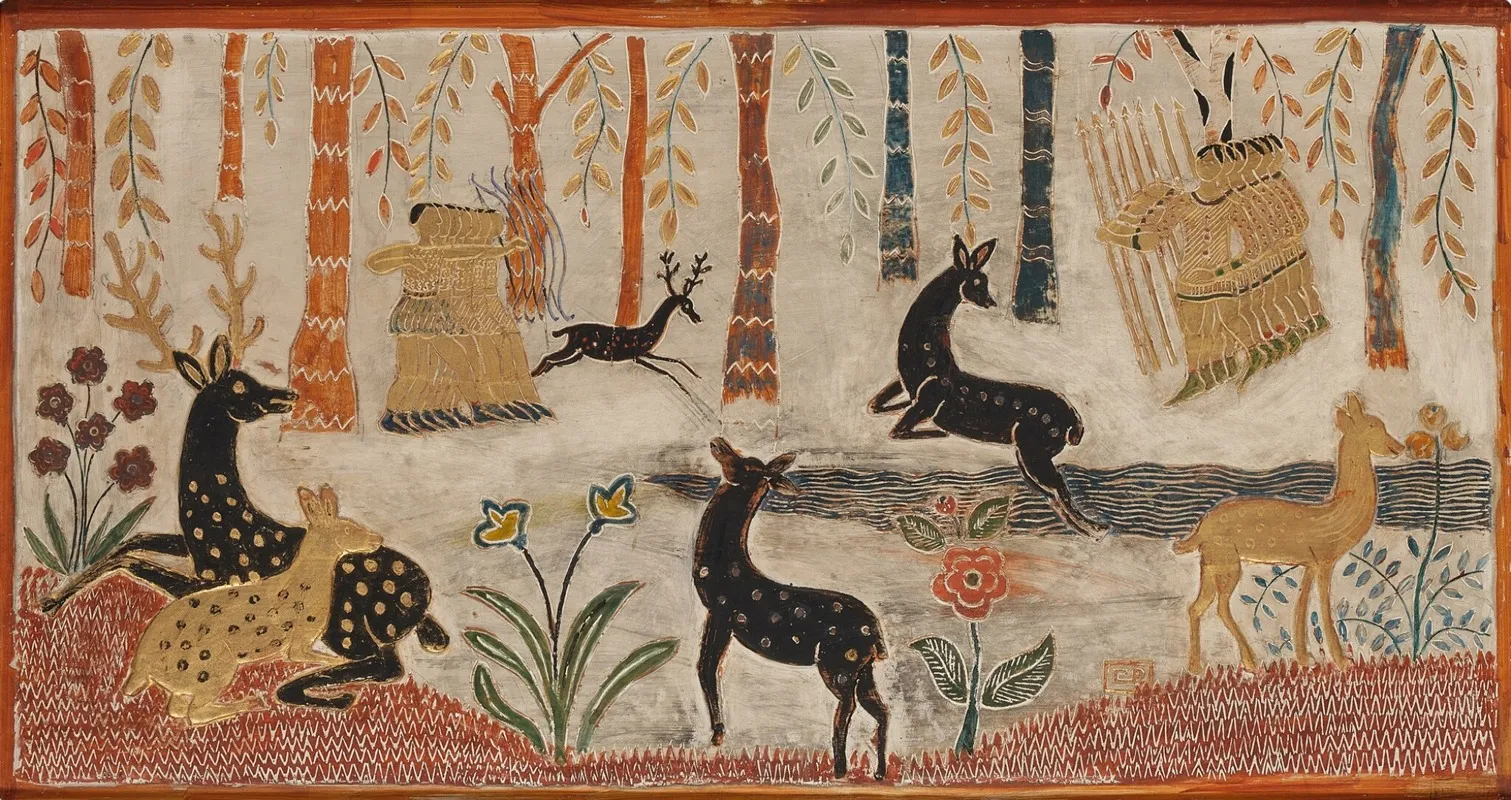 Indians And Deer In A Wood Wall Art by Charles Prendergast - High-Resolution Digital Print