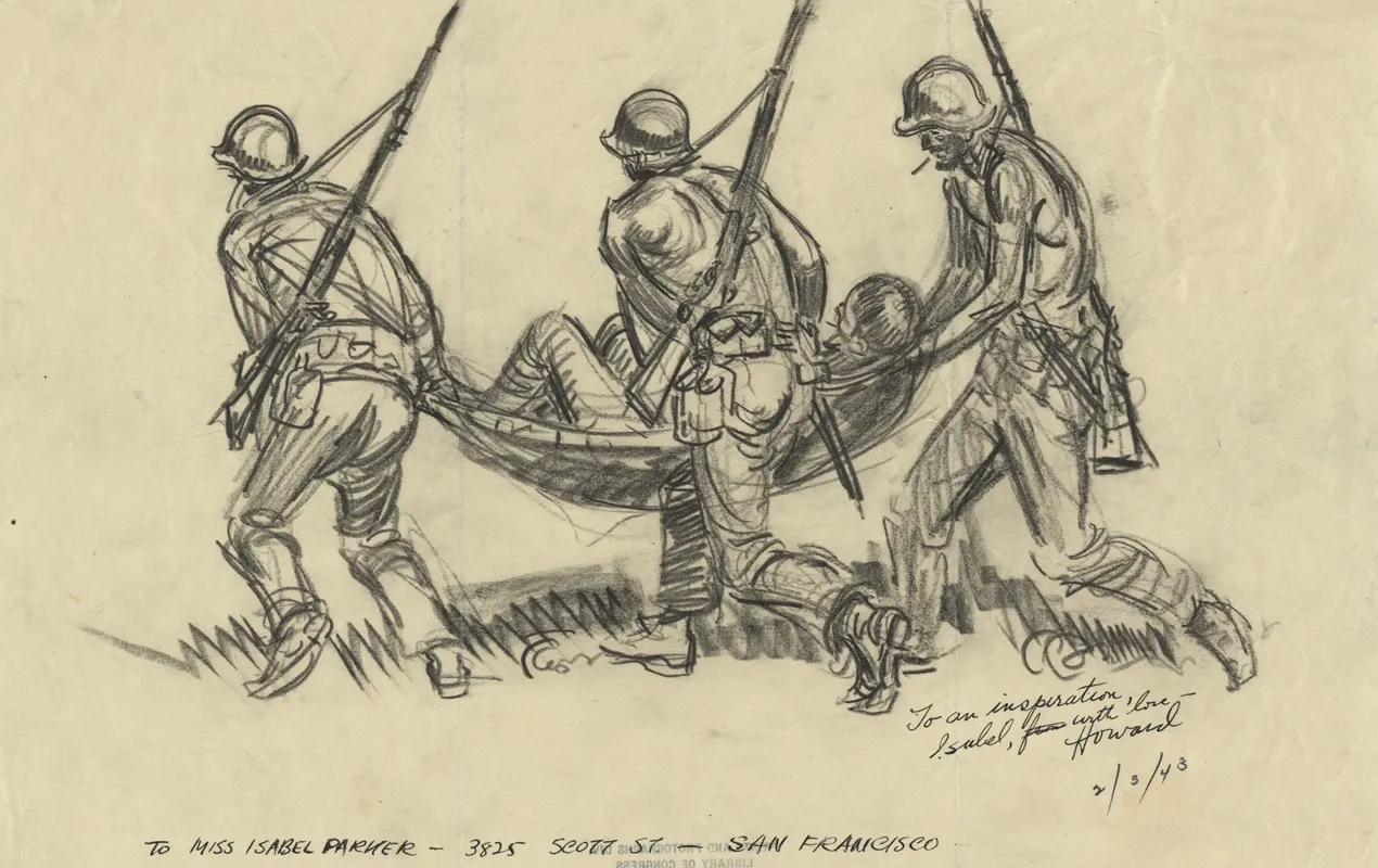 Infantrymen Carrying Back Japanese Prisoner Shelter Half Wall Art by Howard Brodie - High-Resolution Digital Print