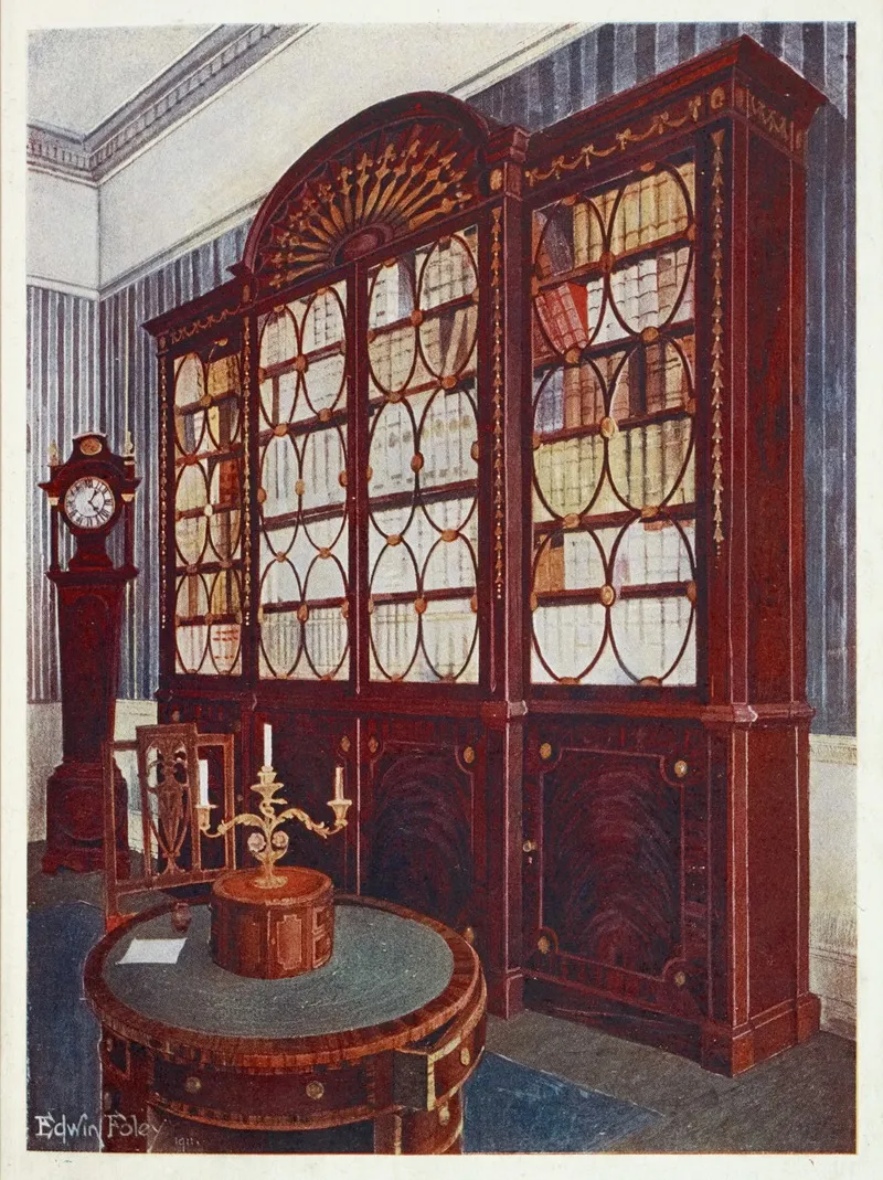 Inlaid Mahogany Break Front Bookcase Mahogany Pedestal Centre Table Wall Art by Edwin Foley - High-Resolution Digital Print