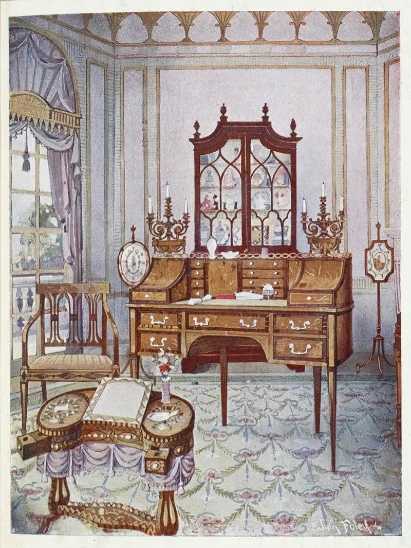 Inlaid Mahogany Cylinder Fall China And Book Case D Shaped Satinwood Drawing And Writing Table Wall Art by Edwin Foley - High-Resolution Digital Print