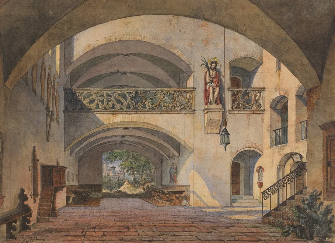 Innenhof Eines Klosters Mit Schmerzensmann Und Durchblick Auf Eine Burg Wall Art by Anton Höchl - High-Resolution Digital Print