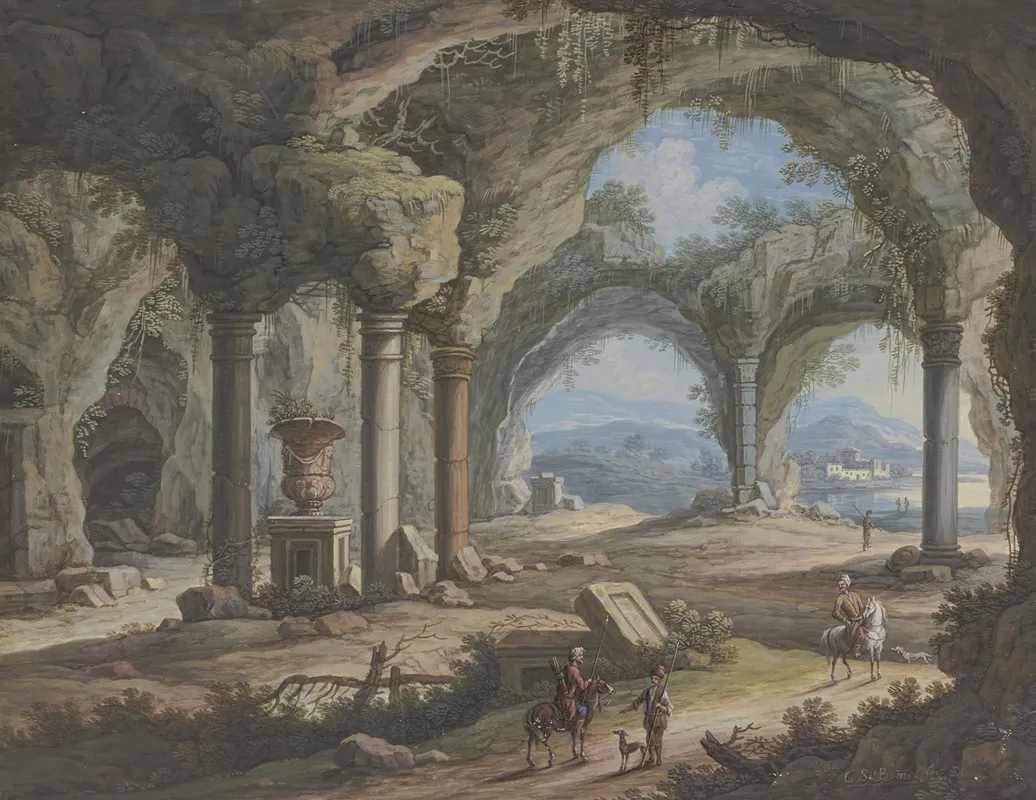 Inneres Einer Saulengestutzten Grotte Darin Eine Grose Vase