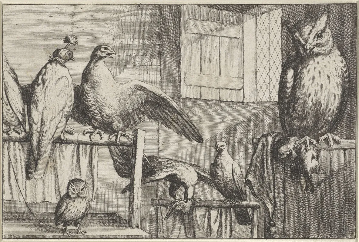 Inside A Brickwalled Room With An Open Window Several Captive Birds Rest On Wooden Perches