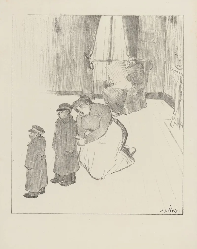 Interieur Avec Homme Lisant Son Journal Femme Agenouillee Aupres De Deux Garconnets Wall Art by Henri-Gabriel Ibels - High-Resolution Digital Print