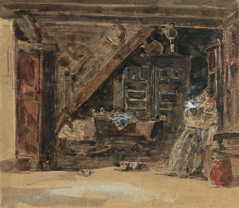 Interieur Breton Aquarelle Wall Art by Eugène Boudin - High-Resolution Digital Print