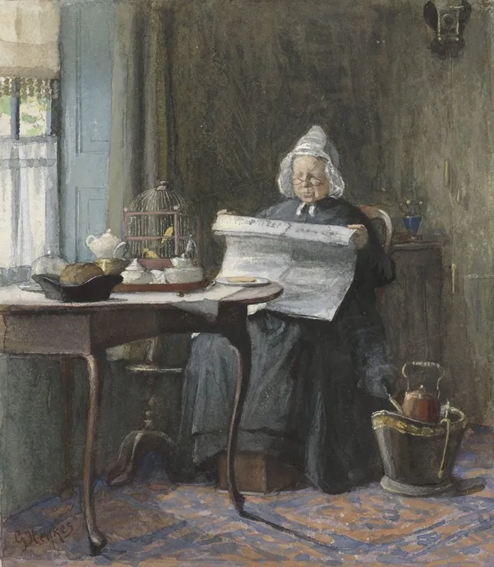 Interieur Met Een Vrouw Die De Krant Leest Wall Art by Gerke Henkes - High-Resolution Digital Print