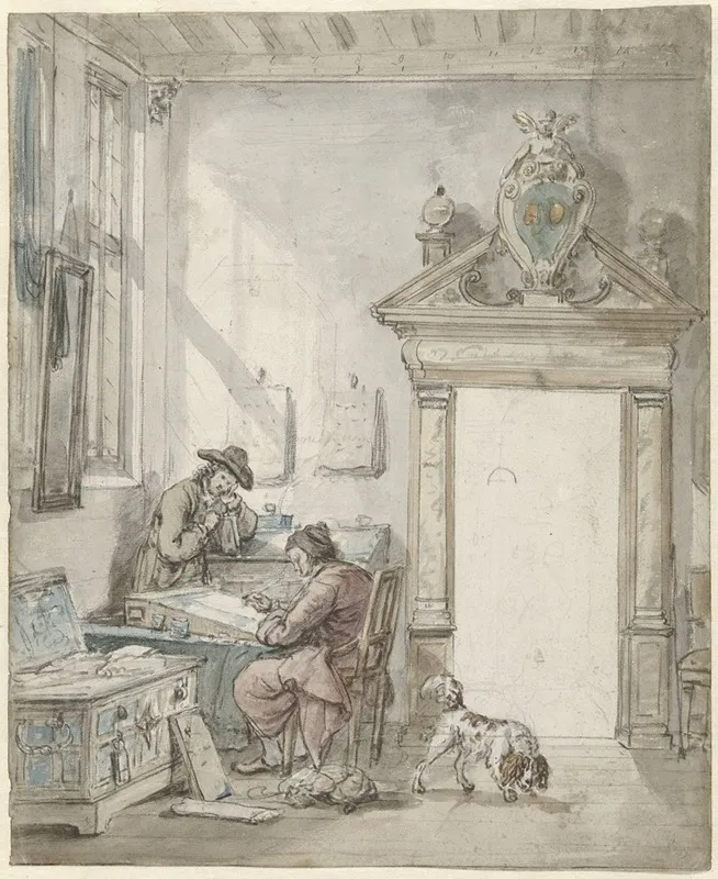 Interieurscene Met Schrijvende Man Aan Een Lessenaar