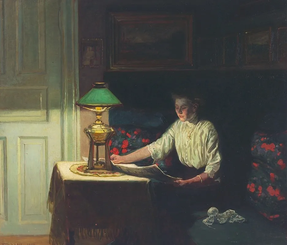 Interior Med Kvinde Der Laeser Avis I Lampeskaer 1914 Wall Art by Fritz Kraul - High-Resolution Digital Print