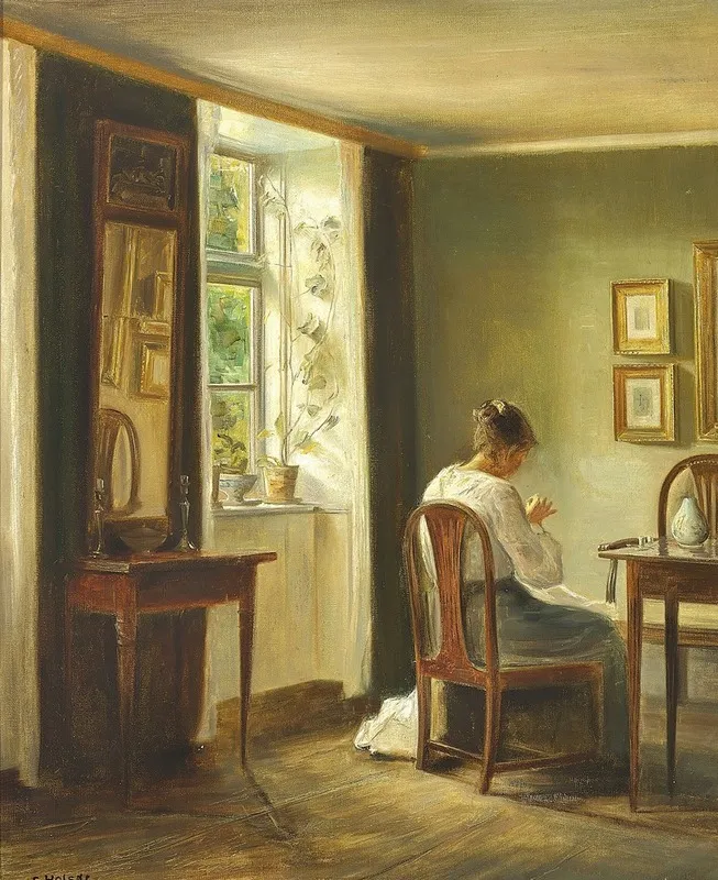 Interior Med Kvinde Der Syr Ved Vinduet Wall Art by Carl Holsøe - High-Resolution Digital Print