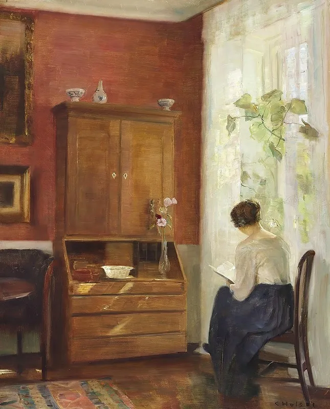 Interior Med Laesende Kvinde Ved Vinduet Wall Art by Carl Holsøe - High-Resolution Digital Print