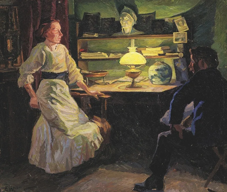 Interior Med Lampelys Og To Figurer