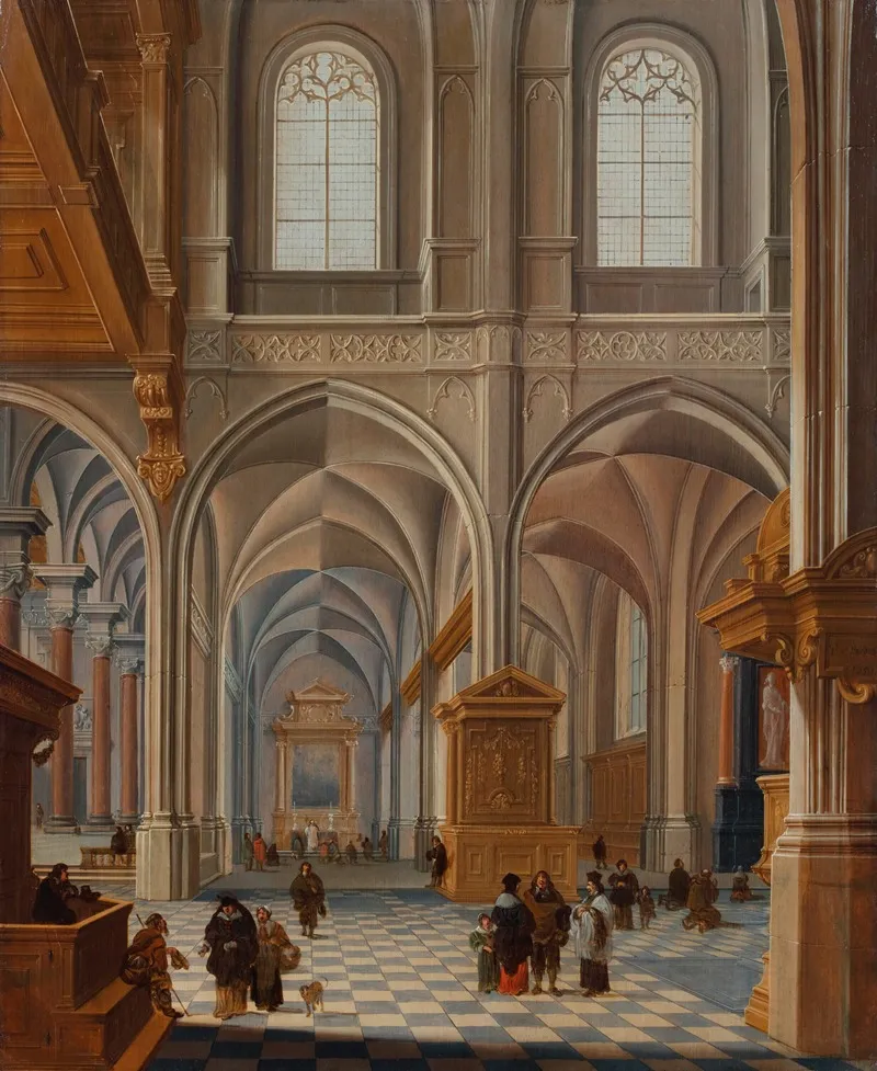 Interior Of A Church With Elegantly Dressed Figures Friars And A Clergyman Wall Art by Bartholomeus van Bassen - High-Resolution Digital Print