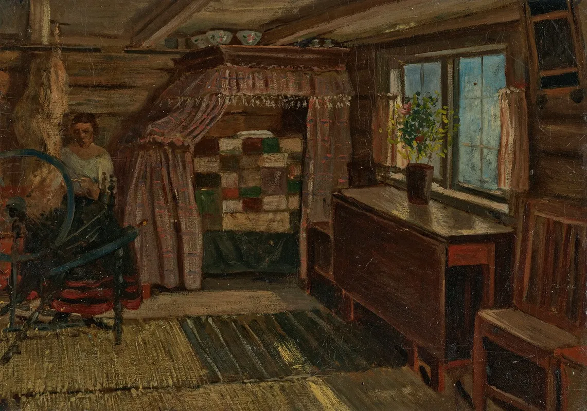 Interior Of A Cottage Stuginteriorer A Woman Spinning