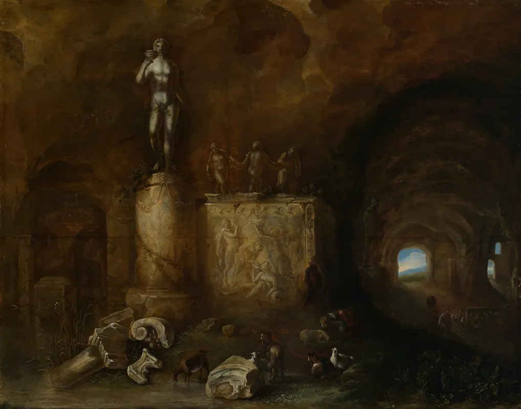 Interior Of A Grotto With Sculptures And A Sleeping Shepherd