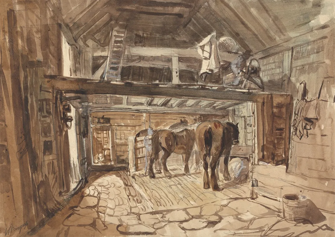 Interior Of A Stable With Tow Horses Feeding