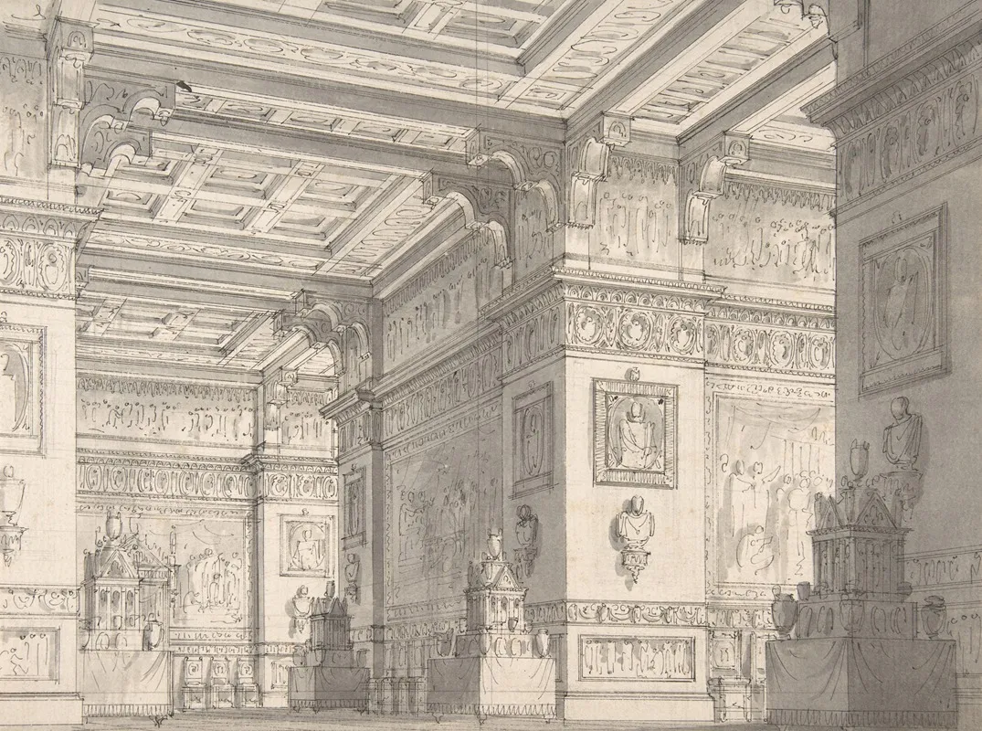 Interior Of A Stateroom With Four Tables Displaying Urns And Tabernacles