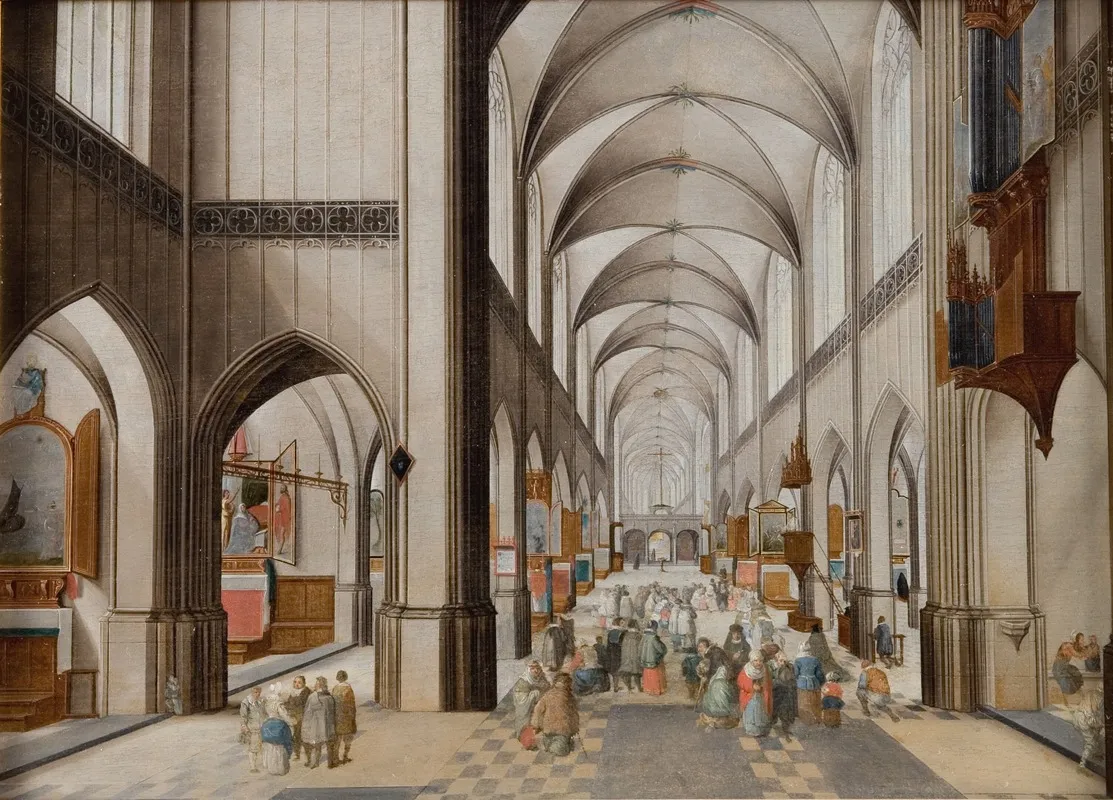 Interior Of A Three Aisled Gothic Church During A Sermon Wall Art by Pieter Neeffs the Elder - High-Resolution Digital Print
