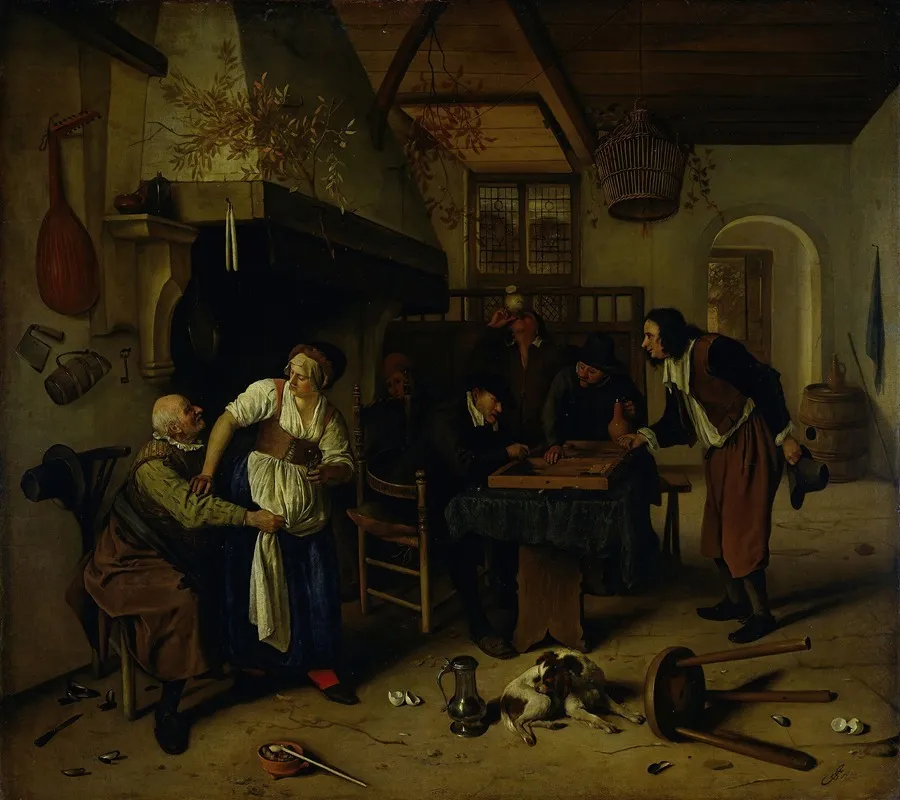 Interior Of An Inn With An Old Man Amusing Himself With The Landlady And Two Men Playing Backgammon Known As Two Kinds Of Games