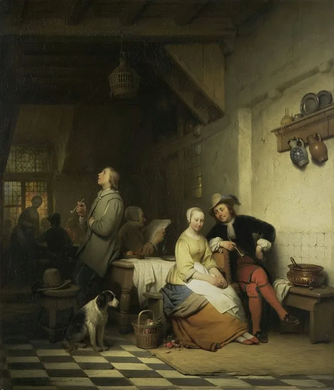 Interior Of An Inn With Figures In Seventeenth Century Costume Wall Art by Ferdinand de Braekeleer - High-Resolution Digital Print