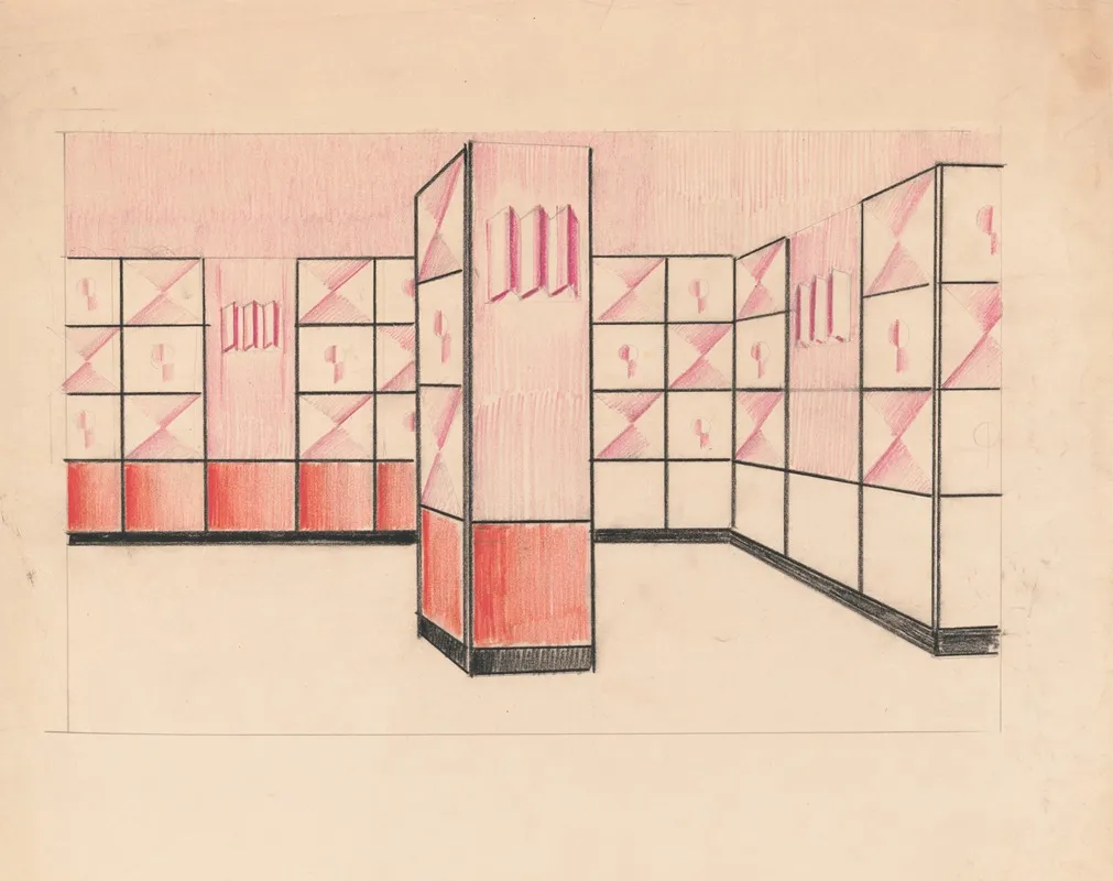 Interior Perspective Drawings Of Hotel Siwanoy Mount Vernon Ny Interior Perspective Unidentified Room In Pink Vermillion And Black Wall Art by Winold Reiss - High-Resolution Digital Print