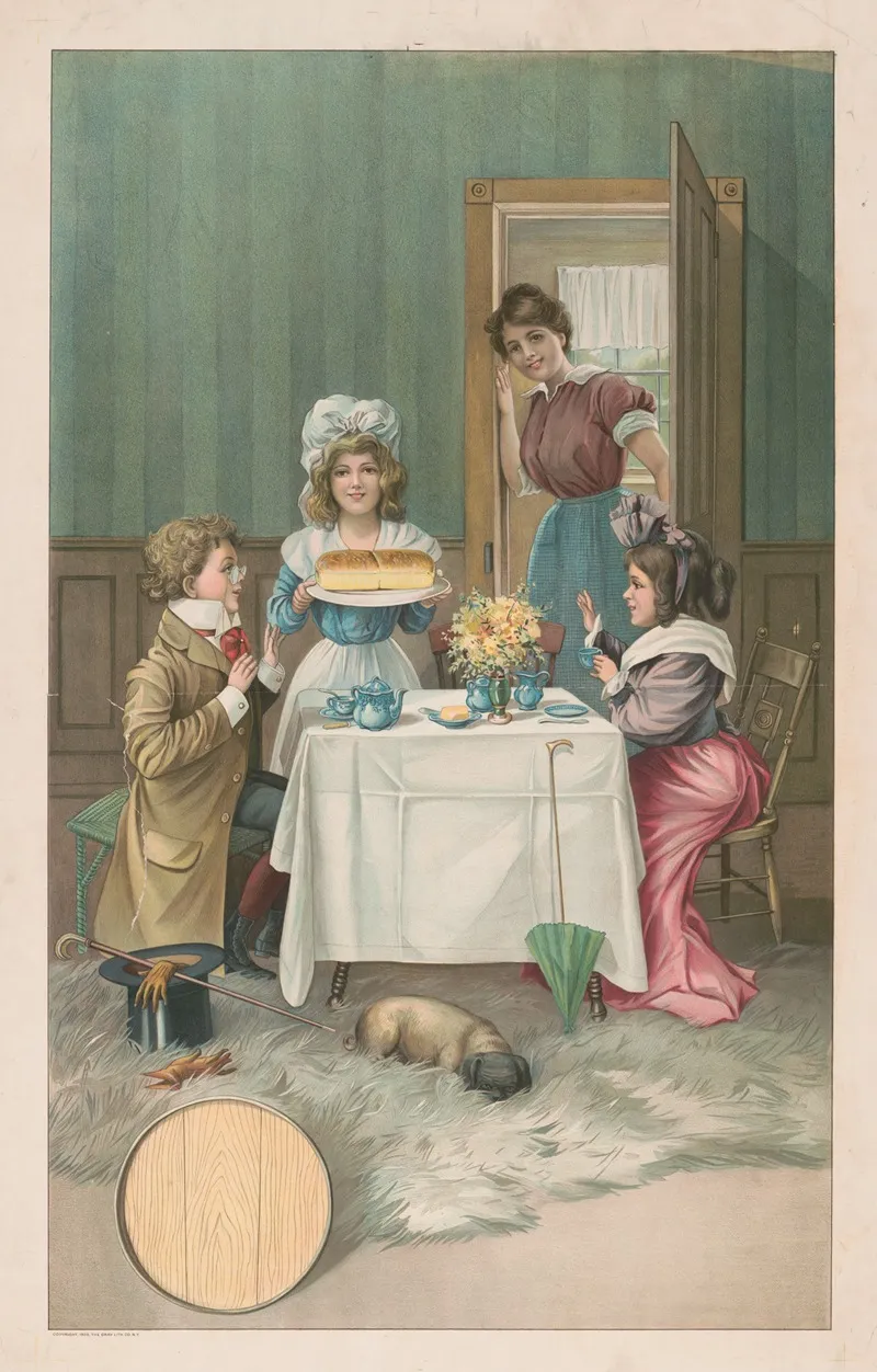 Interior Scene With Children Having Tea And Being Served Bread Wall Art by Gray Litho. Co - High-Resolution Digital Print