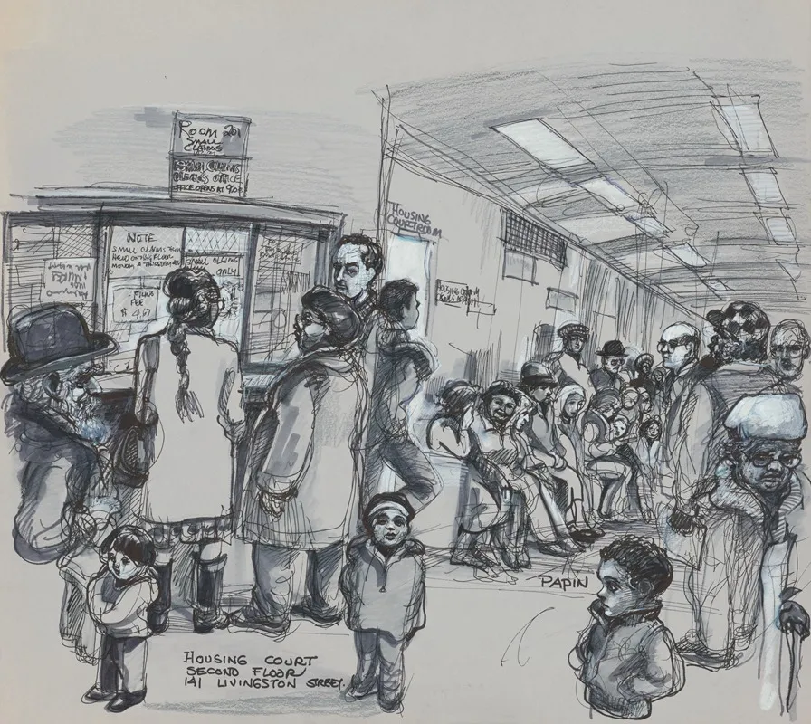 Interior View Of A Corridor At The Kings County Housing Court With Many People Of All Ages Waiting Outside The Housing Courtroom