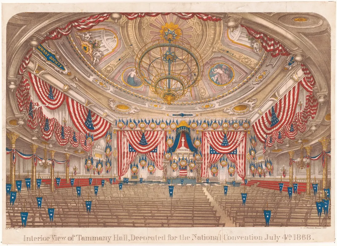 Interior View Of Tammany Hall Decorated For The National Convention July 4th 1868 Wall Art by Rogers, W.C. & Co. - High-Resolution Digital Print