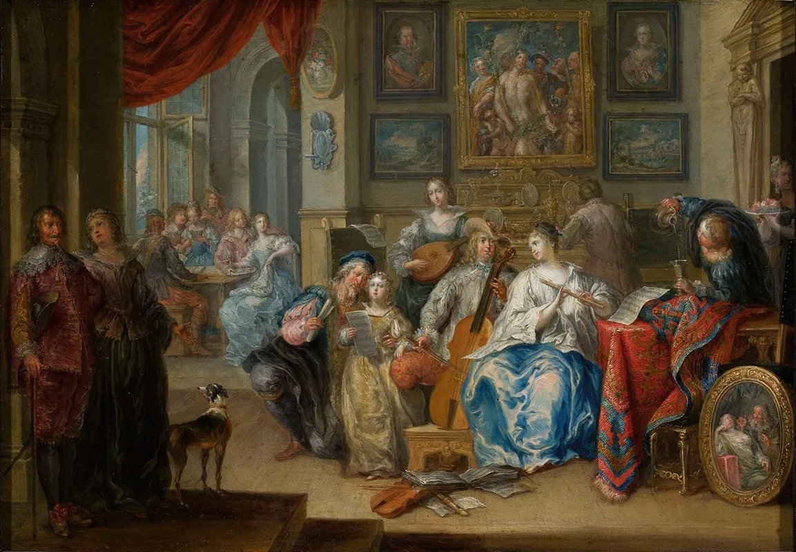 Interior With A Concert And Card Players Wall Art by Johann Georg Platzer - High-Resolution Digital Print