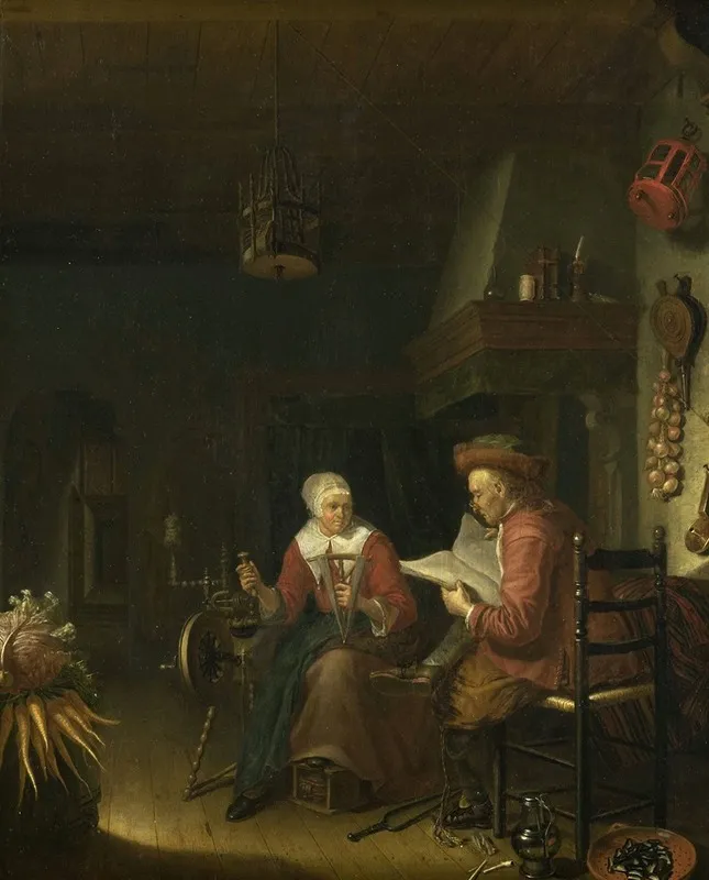 Interior With A Man Reading And A Woman Spinning Yarn Wall Art by Domenicus van Tol - High-Resolution Digital Print
