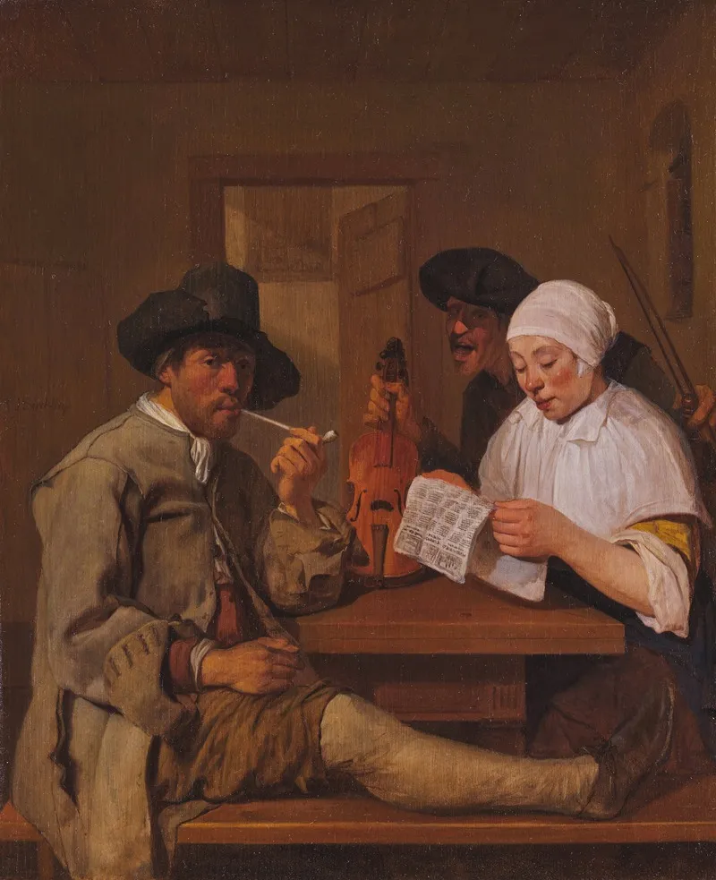 Interior With A Man Smoking A Pipe A Woman Reading And A Man With A Violin Wall Art by Job Adriaensz Berckheyde - High-Resolution Digital Print