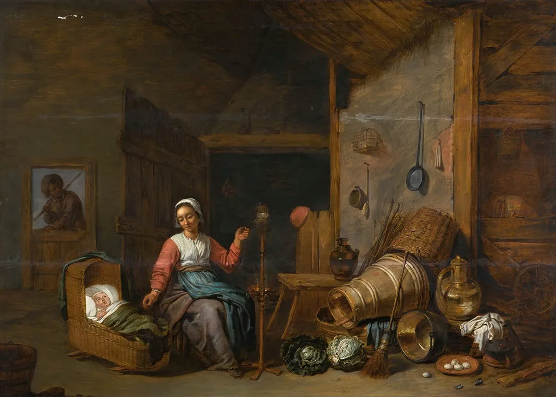 Interior With A Mother Spinning Yarn By A Cradle Wall Art by Abraham Willemsens - High-Resolution Digital Print