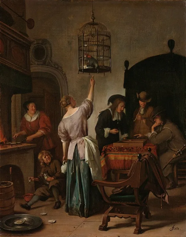 Interior With A Woman Feeding A Parrot Known As The Parrot Cage