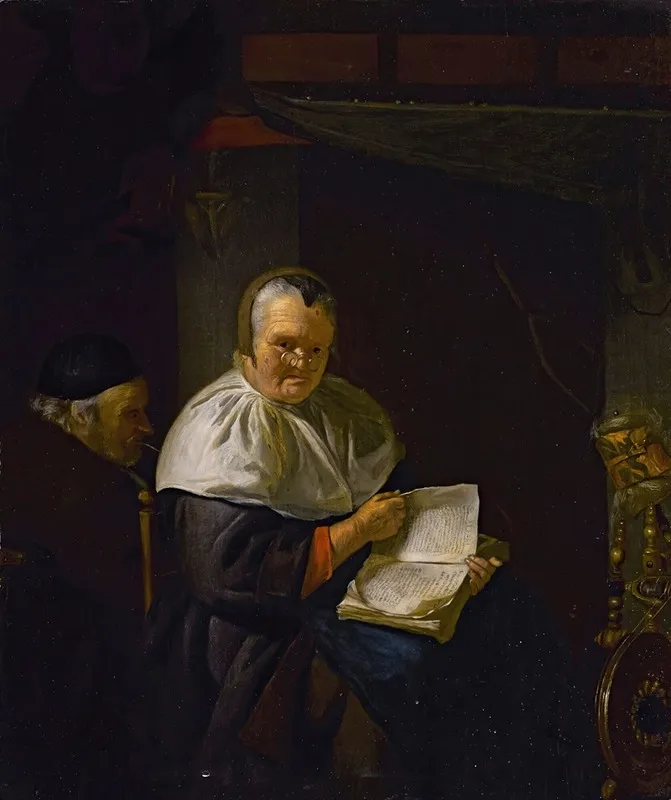 Interior With A Woman Reading By A Spinning Wheel And A Man Smoking Wall Art by Anthony van Deyl - High-Resolution Digital Print