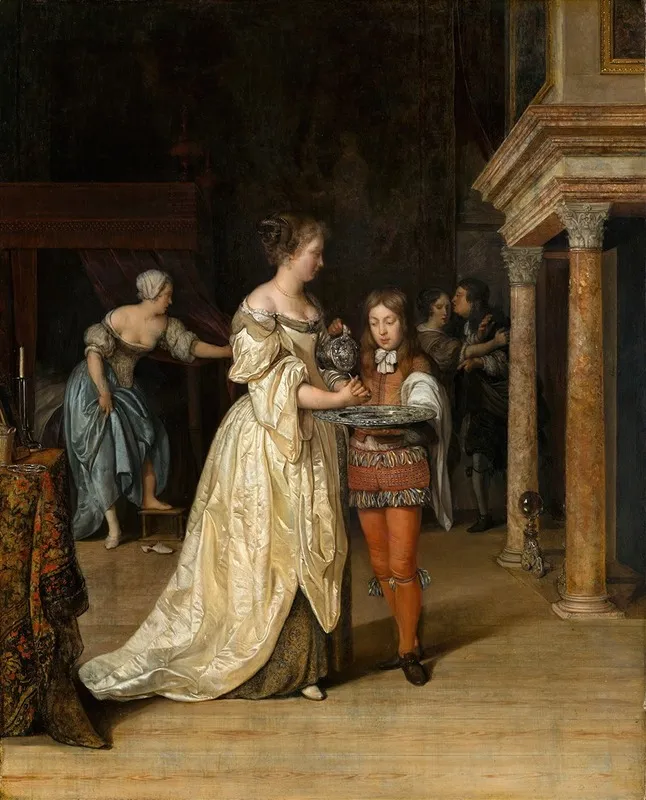 Interior With A Woman Washing Her Hands Wall Art by Eglon van der Neer - High-Resolution Digital Print