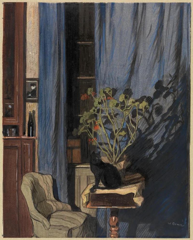 Interior With Black Cat Wall Art by Walter Conz - High-Resolution Digital Print