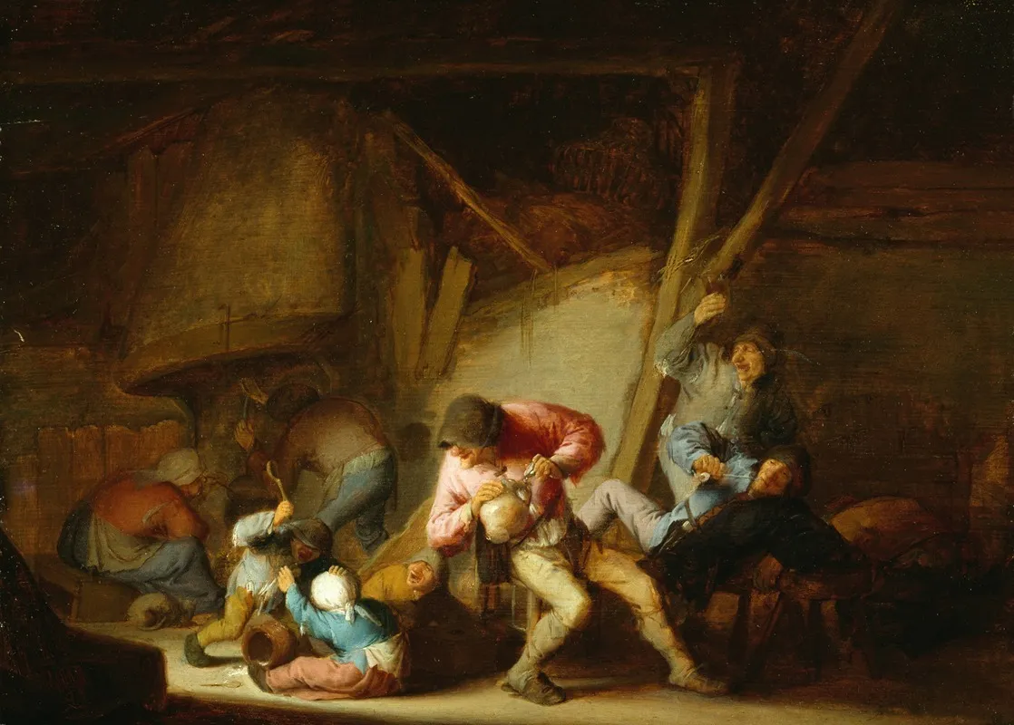 Interior With Drinking Figures And Crying Children Wall Art by Adriaen van Ostade - High-Resolution Digital Print