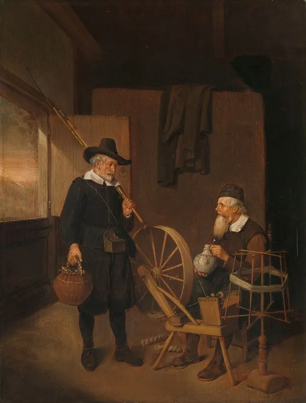 Interior With Fisherman And Man Beside A Bobbin And Spool Wall Art by Quirijn Van Brekelenkam - High-Resolution Digital Print