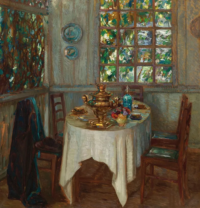 Interior With Samovar Wall Art by Stanislav Yulianovich Zhukovsky - High-Resolution Digital Print